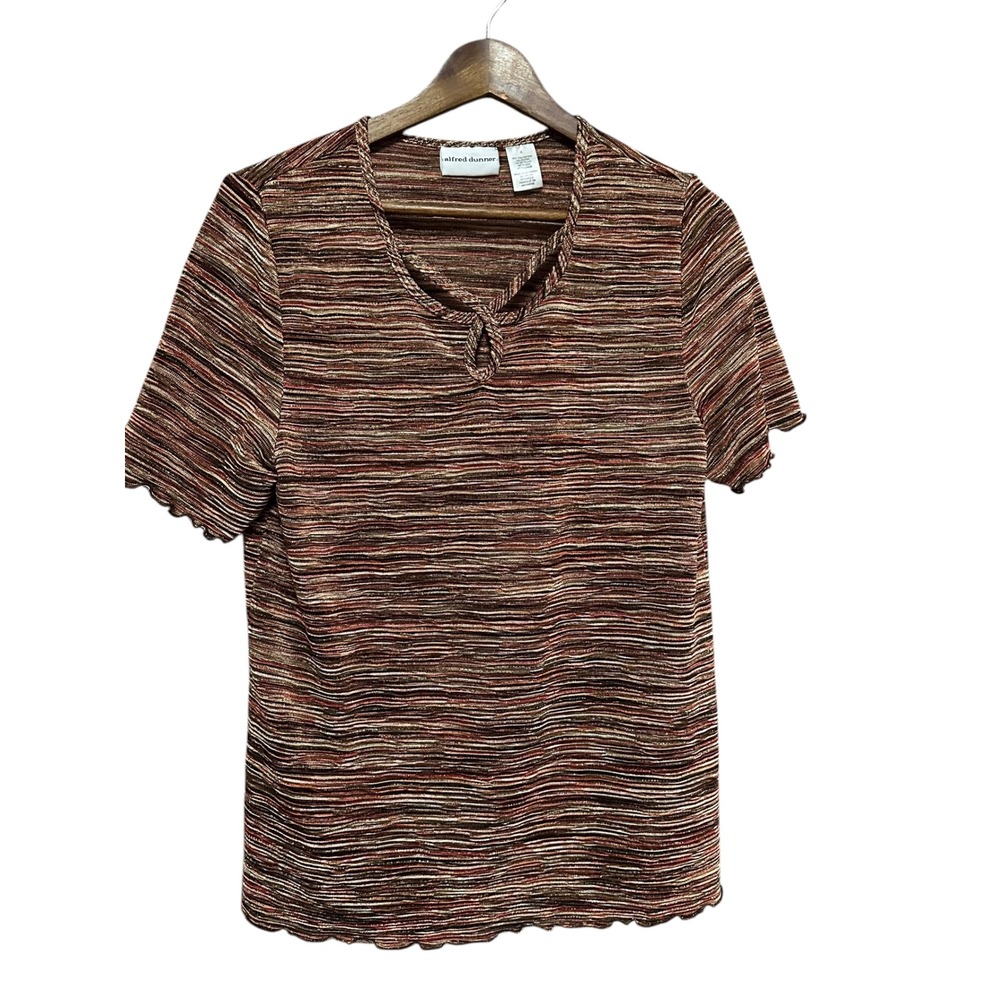 Alfred Dunner Women's Striped Knit‎ Top Short Sleeve V-Neck Keyhole Metallic